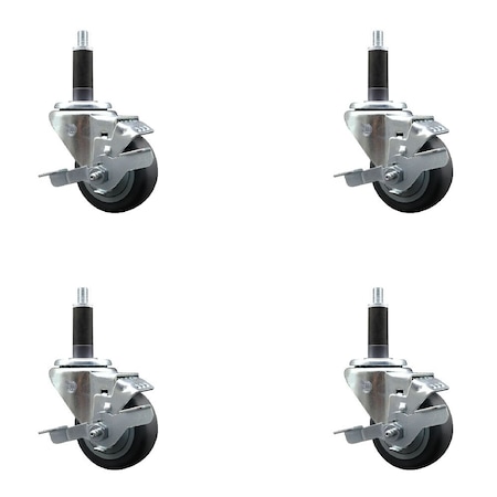Service Caster 3'' SS Thermoplastic Rubber Swivel 1'' Expanding Stem Caster Set with Brake, 4PK SCC-SSEX20S314-TPRB-TLB-1-4